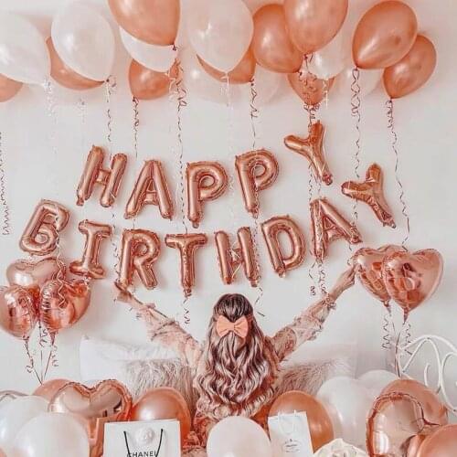 40Pcs Rose Gold Happy Birthday Letter Heart Foil Balloon Curtain Baby Shower Anniversary Party Decoration Supplies