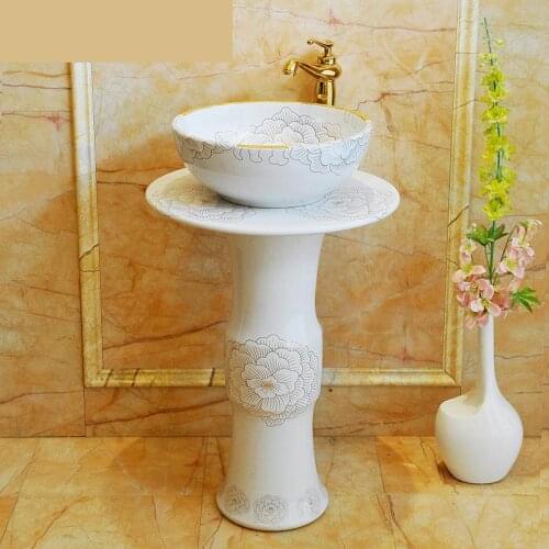 Integrated Art Pedestal Basin Ceramic Pedestal Washbasin Floor Type Basin Balcony Vertical Hand Basin Basin white peony pattern