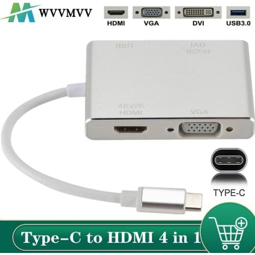 WVVMVV USB 3.1 USB C Type C to VGA DVI USB 3.0 Adapter Cable for Laptop Apple USB C 4in1 HUB Splitter for Laptop Mobile Phone