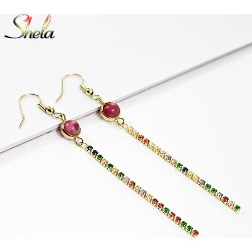 Long Natural Stone Dangle Earrings for Women Red Colorful Zirconia Charm Gift Fashion Jewelry Pendientes Wholesale