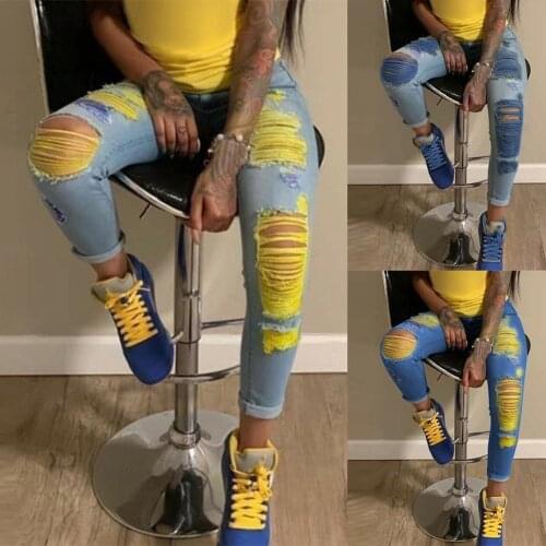 Women Fashion Button Ripped Yarn Long Skinny Pants Streetwear Trousers Jeans