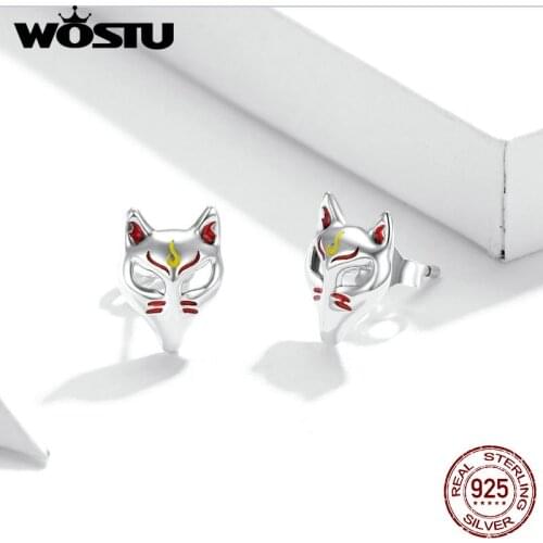 WOSTU 2020 Genuine 925 Sterling Silver Fox Mask Light Stud Earrings for Women Fine Jewelry 2020 New Bijoux Women Jewelry DXE958