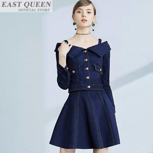 Woman sexy denim set suits full sleeve turn-down collar solid jeans tops elastic waist mini skirts sets female suit DD843 L