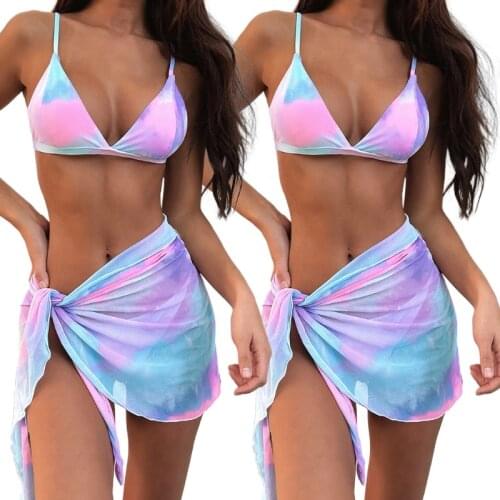 MXLD Womens Sexy 3 Piece Bikini Set V-Neck Triangle Cup Micro Brazilian Swimsuit with Sarong Wrap Skirt Rainbow Tie-Dye Bathing