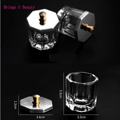 Acrylic Liquid Glass Cup + Anti-volatilization Metal Octagon Cap Acrylic Powder Crystal Glass Cup Lid Bowl for Acrylic Nail Art