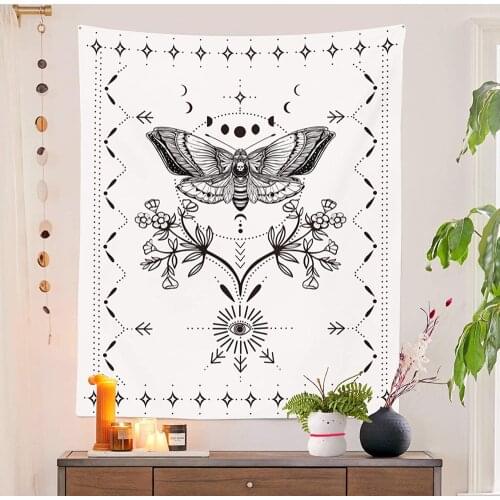 Butterfly Moth Tapestry Witchcraft Moon Life Tree Tapestry Black and White Simple Tapestry Wall Hanging Home Deco 95*73cm