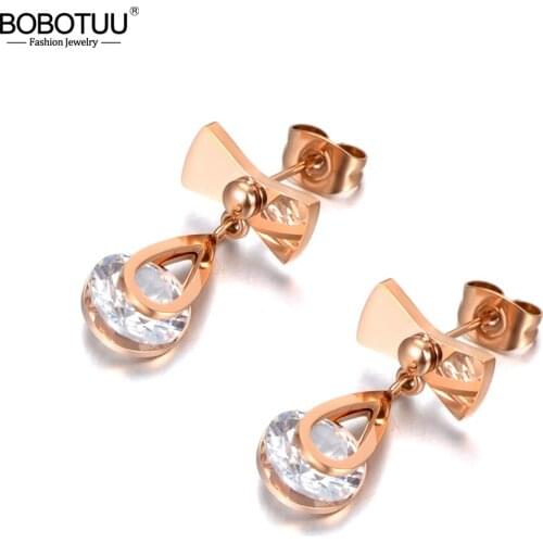 BOBOTUU Trendy Rose Gold 316L Stainless Steel Bowknot Stud Earrings For Women Girls Bohemia CZ Crystal Wedding Earrings BE20081