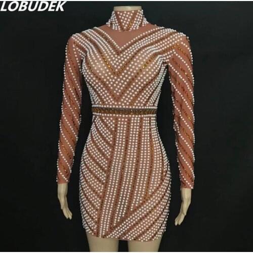 Elegant Tan Transparent Stage Costume Irregular Stripe Pearl Rhinestones Short Dress Women Singer Dancer Birthday Prom Clothes