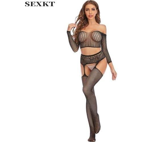 Erotic clothes Sex clothes Ladies Rhinestone Long Sleeve Split TopOpenPantyhose Diamond Shiny Sexy Lingerie Fishnet Clothes Suit
