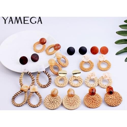 YAMEGA Handmade Korean Wooden Straw Woven Rattan Vine Braid Drop Earrings Unique Geometric Drop Circle Earrings For Women