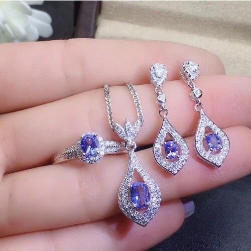 The Best Gift for Your loved Girl Natural and Real Tanzanite Jewelry set 925 sterling silver 1pc Ring,1pc Pendant,2pcs Earring