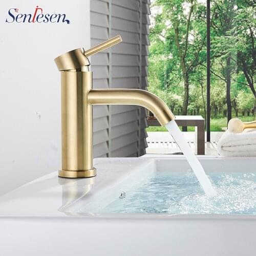 Brushed Golden Basin Faucet Bathroom Tap Brass Mixer Water Tap Deck Mounted Hot And Cold Water Bath Mixer