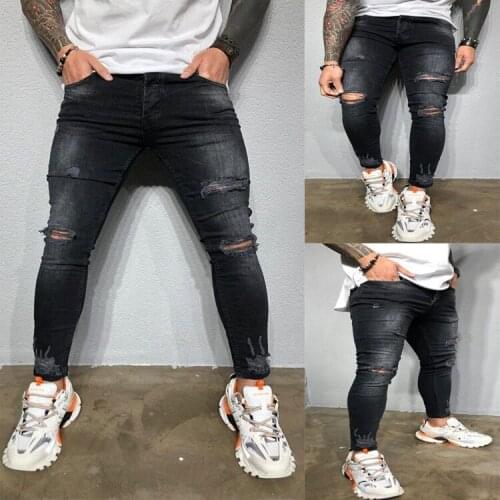 Mens Skinny Ripped Jeans Super Stretch Denim Pants Trousers Distressed Black New