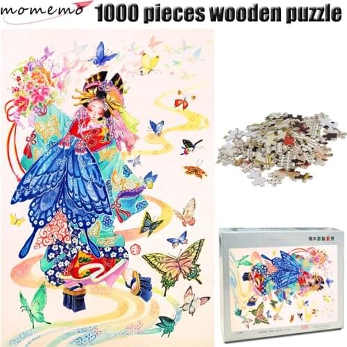 MOMEMO Butterfly and Girl Color 1000 Pieces Wooden Jigsaw Puzzle 1000 Pieces Adult Puzzle Chinese Style Hand Painted Puzzle Toys