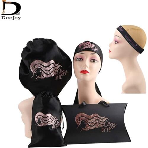 Custom design double layer satin silk bonnet and wrap band lace melt adhesive tape headband bag paper packaging boxes