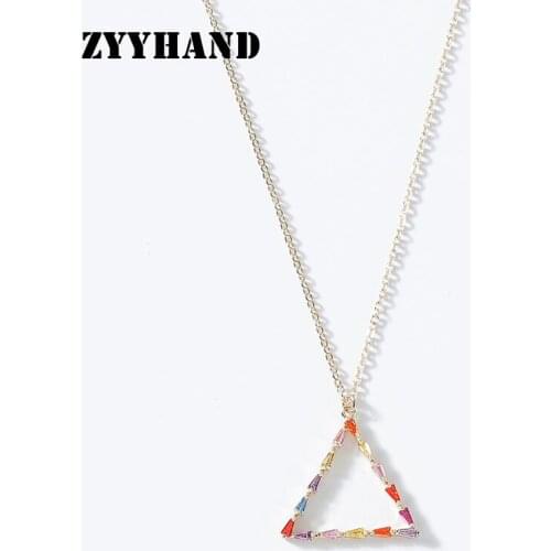 Multi Color Zircon Triangle Women Pendant Necklace Golden Rainbow Stone Cross Chain 16inch Copper Alloy Girl Jewelry