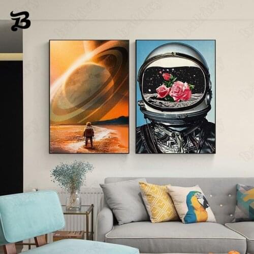 Rose Astronaut Canvas Painting Wall Art Walk On The Moon Universe Eploration Poster and Prints Wall Pictures for Home Decoration