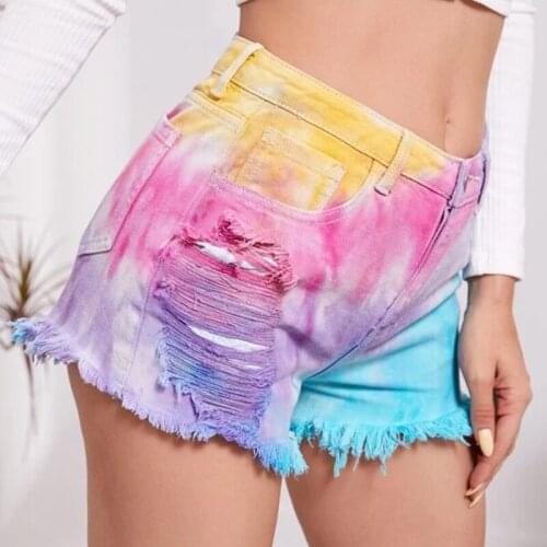 Ripped Jean Shorts Summer Women Fashion Tie Dye Print Mid Waist Tassel Denim Shorts Woman Sexy Hollow Out Distressed Short Pants