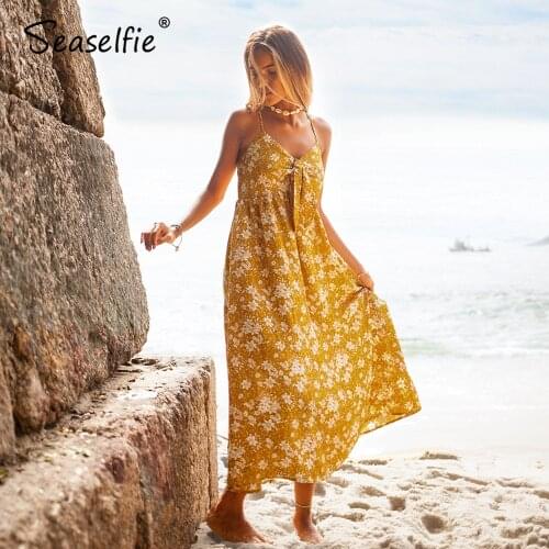 SEASELFIE Yellow Floral Beach Dress Sexy V-neck Spaghetti Straps Bowknot Midi Dress 2021 New Summer Sleeveless Sundress Vestidos