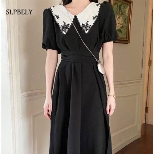 SLPBELY Women Elegant Black Dress Summer French Retro Chiffon Short Sleeve Fairy Party Dress Lapel Chic Dress Female Dress 2021