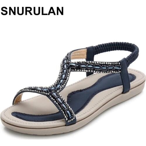 SNURULAN Summer Womens Flat Gladiator Sandals; Bohemian-style womens casual shoes; Light flip flops with rhinestones and bead