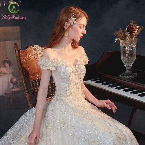 SSYFashion New Light Champagne Wedding Dress for Bride Married Elegant Boat Neck A-line Lace Flower Sequins Long Wedding Gowns