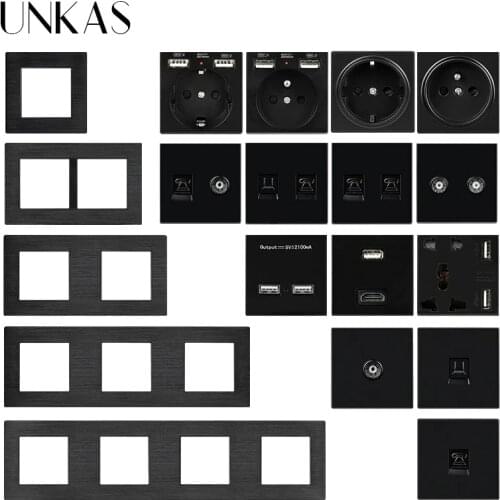 UNKAS DIY Combination Free Matching French EU Socket USB Charger TV RJ12 Telephone RJ45 Computer Black Aluminum Panel Outlet
