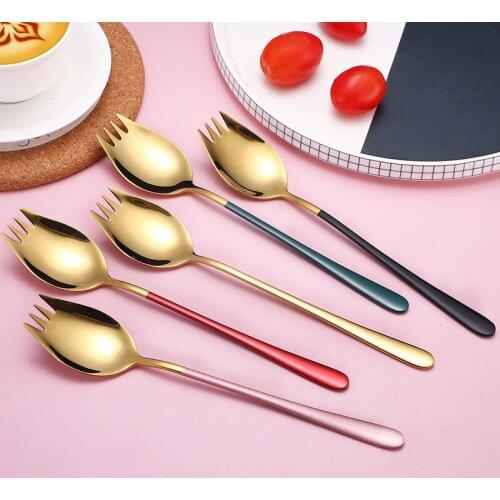 Stainless Steel Fork Spoon Multi-Function Silver Golden Convenient Flatware Western Long Handle Ice Cream Fruit Salad Tableware