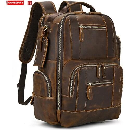 Vintage Men Backpack Crazy Horse Leather Student Schoolbag Large Capacity Backpack First Layer Cowhide 15-Inch Computer Bags