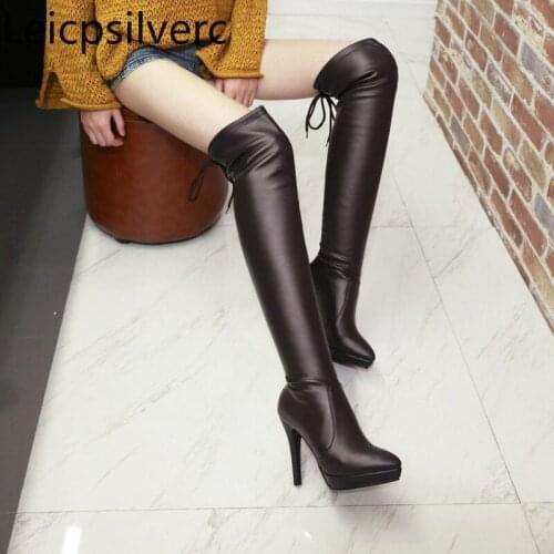 Womens Boots winter new style fashion Pointed Lace-up Fine heel High heel Womens Over the knee boots plus size 34-43