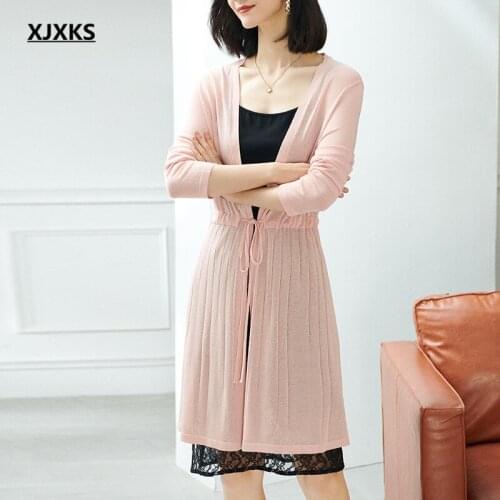 XJXKS Fashion V-neck Women Long Jacket 2021 Spring Summer New Fashion Belt Linen Knitted Sunscreen Clothing Women Thin Sweater