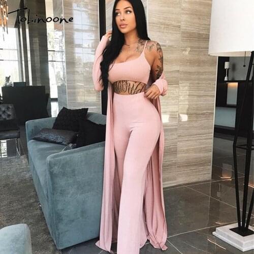 Tobinoone Women Knitted 3 Piece Set Spaghetti Strap Top High Waist Pant Long Sleeve Cardigan Overcoat Belt Knitwear Streetwear