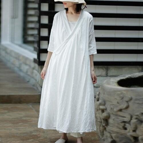 Johnature New 2021 Solid Color Long Dresses Summer Women Half Sleeve V-Neck Loose Cotton Linen Vintage Tie Dresses