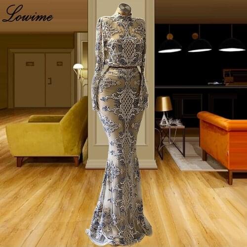 Unique Design Two Pieces Prom Dresses Mermaid Long Sleeves Evening Dresses With Beads Lace Wedding Party Dresses Women Gowns