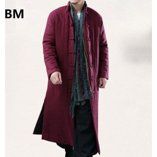 Winter lengthened cotton Long clothes Chinese retro National Style Men cotton padded Robe solid color leisure stand collar Robe