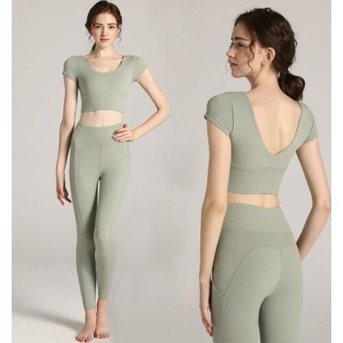2PCS Professional Women Yoga Set Workout Sportswear Gym Clothing Fitness Short Sleeve Crop Top High Waist Leggings Sports Suits