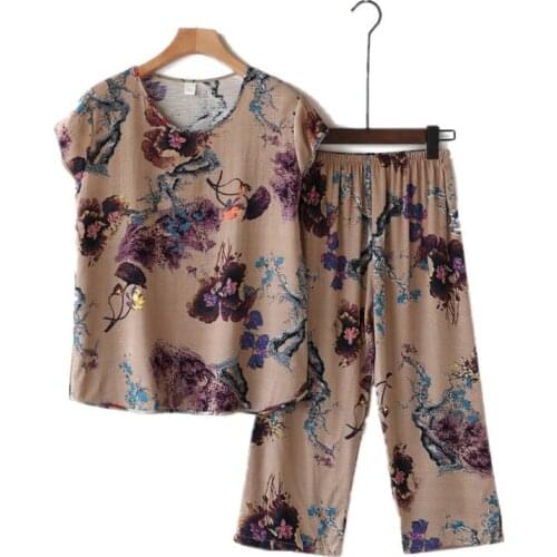 2021 Women Spring Summer Vintage Suit Lady O-neck Loose Tops + Wide Leg Trouser 2 Pcs Set Female Casual Print Plus Size Set E600