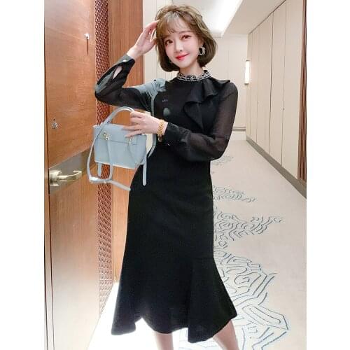 Pin bead lace stand collar high waist slim fishtail dress 2021 Spring new High Quality Top Quality