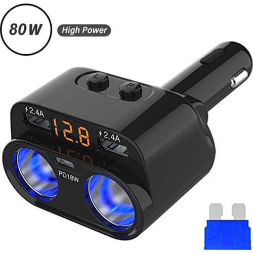 C47 Car Charger Battery Voltage Detector One Into Two Cigarette Lighter Car Charger Dual USB Interface 4.8A With Type-C Parts