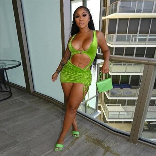 Velvet Sleeveless Hollow Out Bodysuit Mini Skirt Set Drawstring Ruched Bodycon Sexy Streetwear Club 2021 Summer Outfit