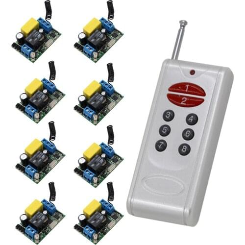 220V 1CH Radio Wireless Remote Control Switch Light Lamp LED ON OFF 8 Receivers & 1Transmitter Learning Code Output Adjusted