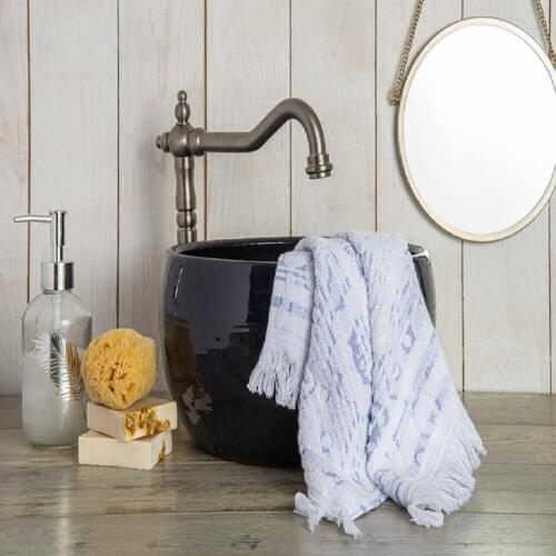 Daisy Line Jacquard Fringed Hand Towel 30x45 Cm Blue Cotton Towel Face Towel Embroidered Towel