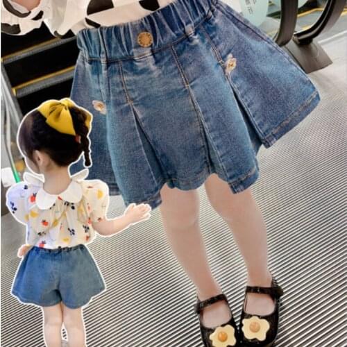 Childrens Denim Skirt Pants 2021 Summer New Sweet Cute Solid Color Flower Girls Loose Casual Hot Pants Cotton Denim Skirt Pants