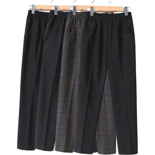 Middle-aged Long Pants Spring Autumn Lattice Stripe Pants Mother High Waist Elastic Trousers Womens Loose Pants Plus Size XL-5XL