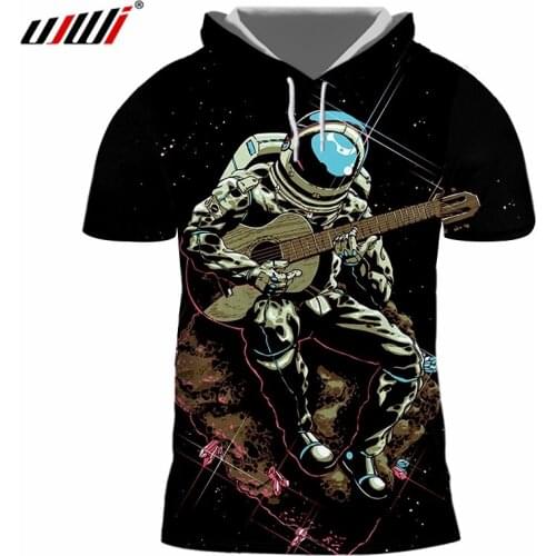 UJWI Hip Hop Broadcloth Summer Tshirt With Hood For Women Mens Print Astronaut guitar 3D Hooded Short Sleeve Hoodie Pullover