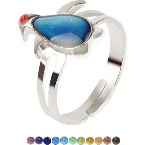JUCHAO Retro Fashion Penguin Temperature Change Mood Ring Opening Adjustable Magic Strange Jewelry Engagement Rings for Women