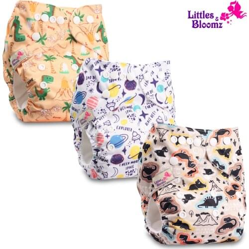 [Littles&Bloomz] 3pcs/set Baby Washable Reusable Real Cloth Pocket Nappy, 3 nappies/diapers and 3 microfiber inserts in one set