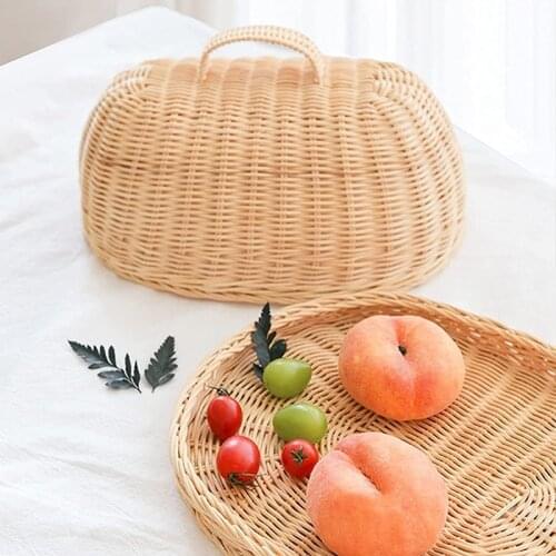 Rattan Storage Tray with Cover Hand-Woven Wicker Baskets Bread Fruit Food Breakfast Display Box for Food Fruit Cake