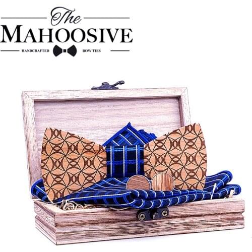 Mahoosive Wood Bow Tie Wooden Bow Ties Mens Novelty Solid Bowtie For Men Wedding Party Accessories Neckwear handkerchief