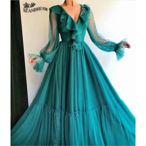 New arrival robe de soiree V neck formal long sleeves women dress kleider damen abendkleid cheap evening dresses 2019 XD-78